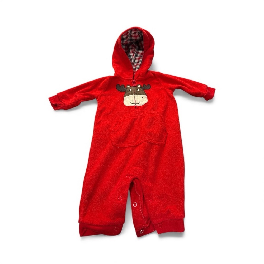 Carter’s Red Fleece Moose Hooded Romper – Size 3 Months